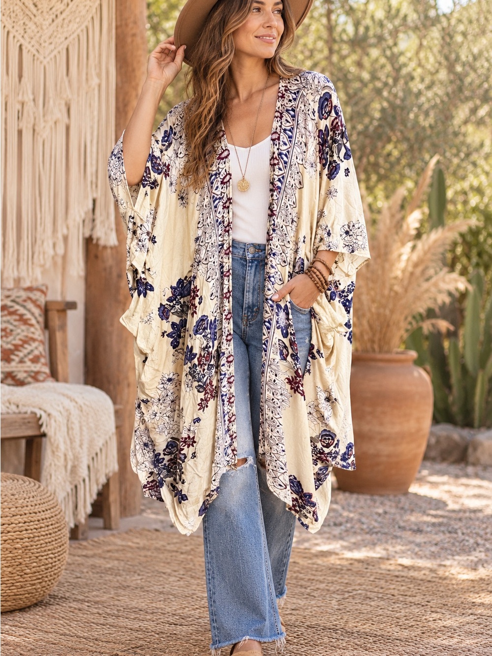 Angie Floral Paisley Open-Front Kimono Duster Cardigan 1x